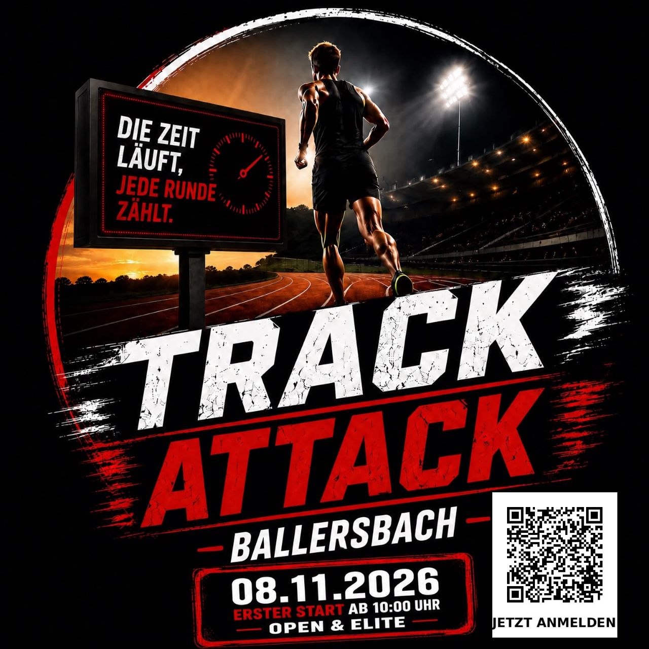 Plakat der Veranstaltung Track Attack mit QR-Code, der zur Anmeldung führt.